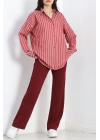 Oversize Çizgili Tunik Gömlek Bordobeyaz - 30110.1874.
