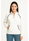 Oversize Dik Yaka Fermuarlı Sweatshirt - Zincir Nakışli Kanguru Cepli, - Beyaz