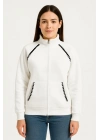 Oversize Dik Yaka Fermuarlı Sweatshirt - Zincir Nakışli Kanguru Cepli, - Beyaz