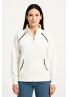 Oversize Dik Yaka Fermuarlı Sweatshirt - Zincir Nakışli Kanguru Cepli, - Beyaz