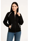 Oversize Dik Yaka Fermuarlı Sweatshirt - Zincir Nakışli Kanguru Cepli, - Siyah