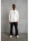 Oversize Üç İplik Şardonlu Kapüşonlu Sweatshirt – Beyaz “Other Lives” Ön Ve Arka Baskılı, Kanguru Cepli, Ribanalı Rahat Kışlık Model Beyaz