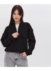 Oversize Yarım Farmuarlı Yakalı Basic SweatShirt - Siyah