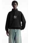 Oversize Yarım Farmuarlı Yakalı Özel Tasarım Basic SweatShirt - Siyah