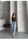 Palazzo straight kar yıkama jeans pantolon mavi d2008