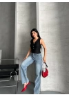Palazzo straight kar yıkama jeans pantolon mavi d2008