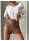 Parçalı cepli deri şort taba w26312