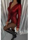 PARLAK KRUVAZE BODYSUİT - Bordo