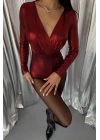 PARLAK KRUVAZE BODYSUİT - Bordo
