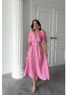 Pembe Işıltılı Kemerli Kruvaze Elbise