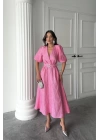 Pembe Işıltılı Kemerli Kruvaze Elbise