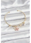 Pembe Kelebek Charmlı Gold Renk Kadın Bileklik