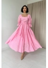 Pembe Kolu Lastikli Brode Elbise