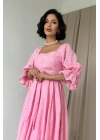 Pembe Kolu Lastikli Brode Elbise