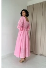 Pembe Kolu Lastikli Brode Elbise