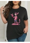 Pembe Panter Baskılı Oversize Bisiklet Yaka T-shirt - Beyaz