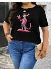 Pembe Panter Baskılı Oversize Bisiklet Yaka T-shirt - Beyaz