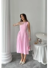 Pembe Yanları Büzgülü Midi Boy Keten Elbise