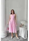 Pembe Yanları Büzgülü Midi Boy Keten Elbise