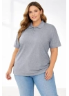 Pike Kumaş Düğmeli Yaka Battal Büyük Beden Günlük Kısa Kol Tişört T-shirt - Gri