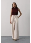 Pileli Bağcıklı Oversize Pantolon - Bej
