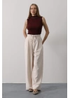 Pileli Bağcıklı Oversize Pantolon - Bej