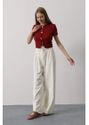Pileli Bağcıklı Oversize Pantolon - Ekru