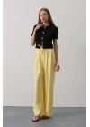 Pileli Bağcıklı Oversize Pantolon - Sarı