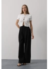 Pileli Bağcıklı Oversize Pantolon - Siyah
