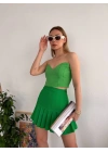 Pileli düğmeli etek açık yeşil s24811