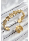 Pirinç Çiçek Model Gold Renk Bileklik Yüzük Set