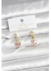 Pirinç Gold Pembe Renk Zirkon Taşlı Kalp Model Kadın Küpe