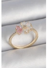 Pirinç Gold Renk Beyaz Mineli Pembe Zirkon Taşlı Çiçek Model Kadın Yüzük