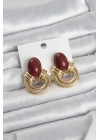Pirinç Gold Renk Bordo Taşlı Vintage Kadın Küpe