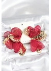 Pirinç Gold Renk Bordo Tüllü Lotus Kadın Küpe