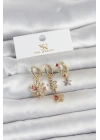 Pirinç Gold Renk Çiçek Model 3lü Kadın Küpe