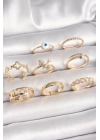 Pirinç Gold Renk Nazar Boncuk Model Kuş Detay Kadın Yüzük Kombini