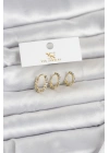 Pirinç Gold Renk Nazarlı Model 3lü Kadın Küpe