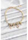 Pirinç Gold Renk Pembe Kalp Charmlı Kadın Bileklik