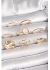 Pirinç Gold Renk Pembe Mineli Kemer Model Kadın Yüzük Kombini