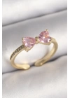 Pirinç Gold Renk Pembe Zirkon Taşlı Kalp Fiyonk Model Kadın Yüzük