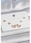 Pirinç Gold Renk Pembe Zirkon Taşlı Kalp Model 925 Ayar Gümüş Çivi Kadın Küpe Seti