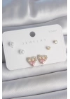 Pirinç Gold Renk Pembe Zirkon Taşlı Kalp Model İnci Detay 925 Ayar Kadın Küpe Seti