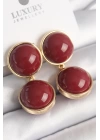 Pirinç Gold Renk Sallantı Bordo Daire Model Kadın Küpe