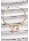 Pirinç Gold Renk Sallantı Zirkon Taşlı Kalp Figür Pembe Kalp Detay Charm Kadın Bileklik