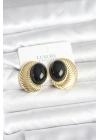 Pirinç Gold Renk Siyah Boncuklu Oval Vintage Kadın Küpe