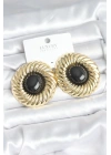 Pirinç Gold Renk Siyah Boncuklu Vintage Kadın Küpe