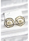 Pirinç Gold Renk Siyah Mineli Geometrik Gül Model Kadın Küpe