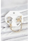 Pirinç Gold Renk Yıldızlı Model Zincir Bağlantılı Ear Cuff Küpe Seti