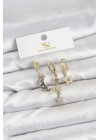 Pirinç Gold Renk Zirkon Taşlı Ay ve Yıldız Model YSX Trio Küpe Seti
